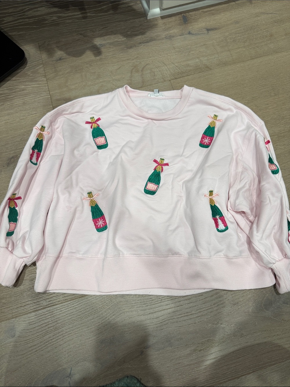 Pink Embroidered Champagne Bottle Sweatshirt - Women Sweater